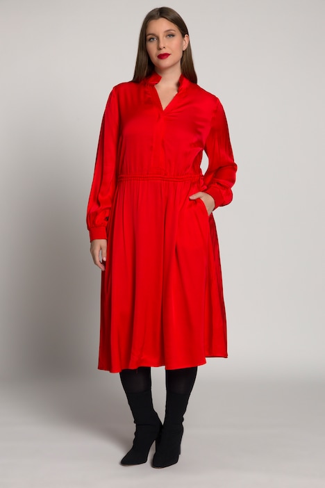 Satinkleid, Midikleid, V-Ausschnitt, Tunnelzug, Langarm