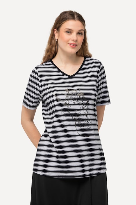 T-Shirt, Ringel, Metallic-Tiermotiv, V-Ausschnitt, Halbarm