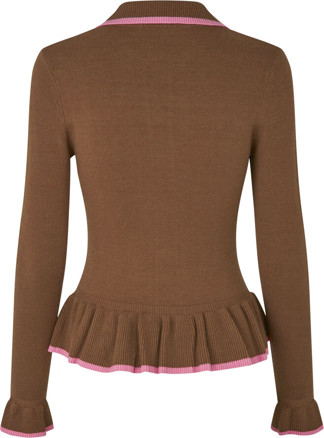 Stine Goya Linear Ruffle Cardigan, 2325 Light Rib Partridge brown