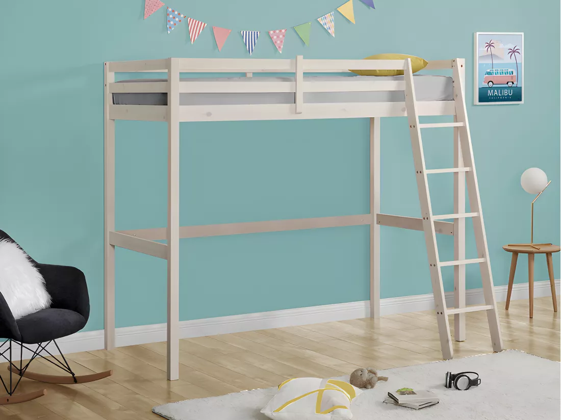 Lit mezzanine GEDEON II - 90 x 190 cm - Pin massif - Blanchi