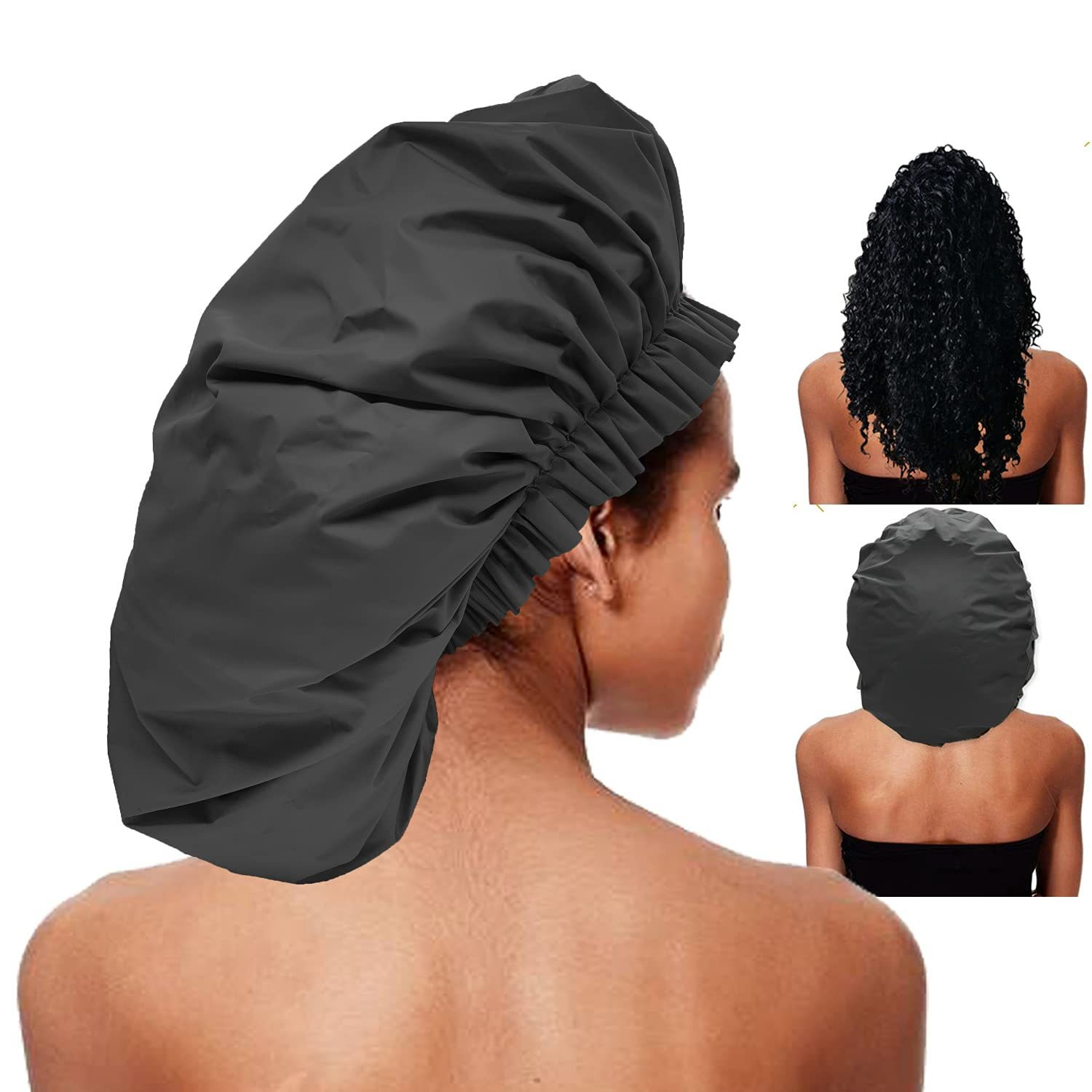 (Ø40cm) Wiederverwendbare Dusch Haube Elastische Bade Kappe für Lange Haare - Schwarz