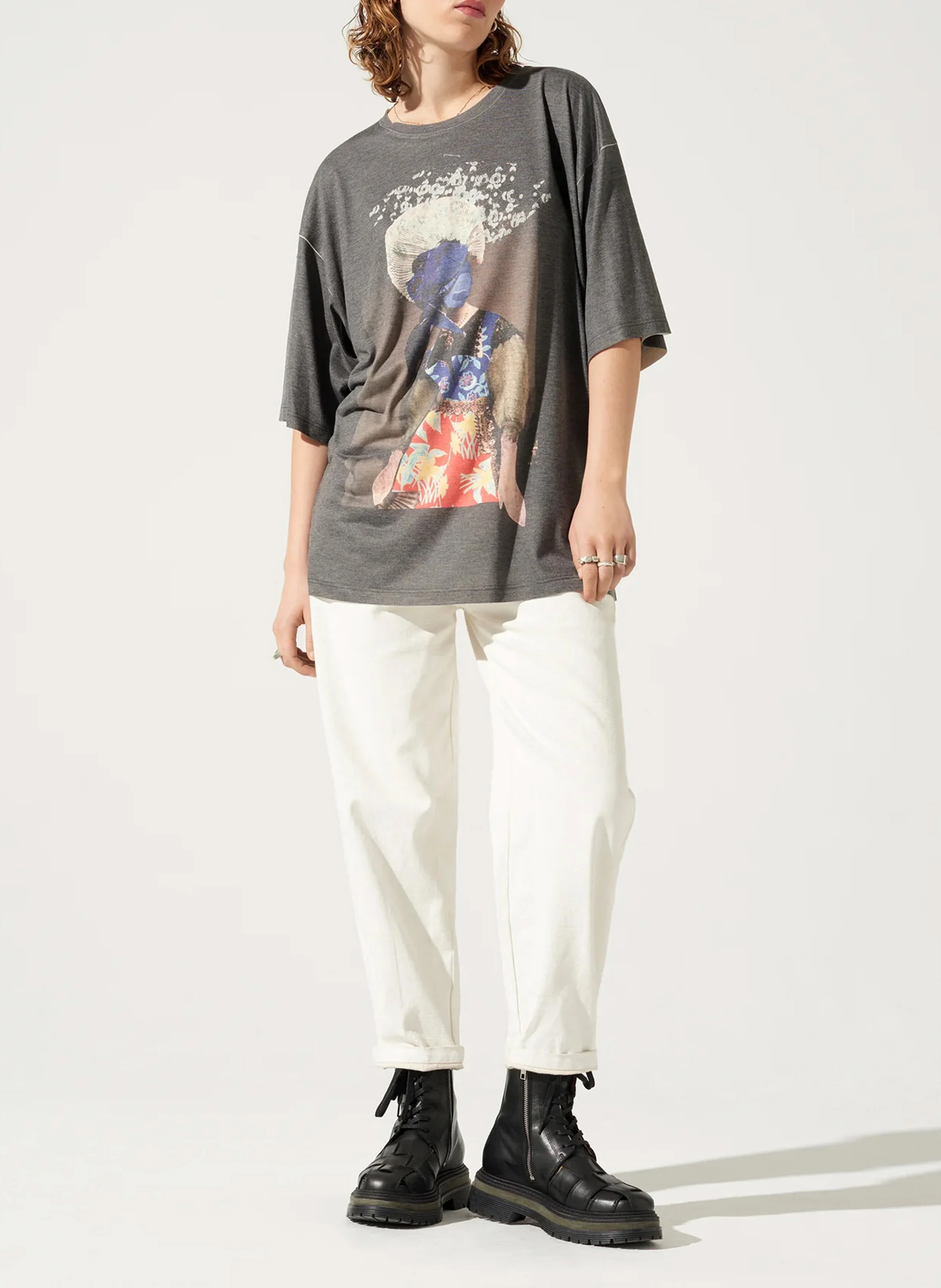 Tee-shirt col rond ample imprimé | Bleu