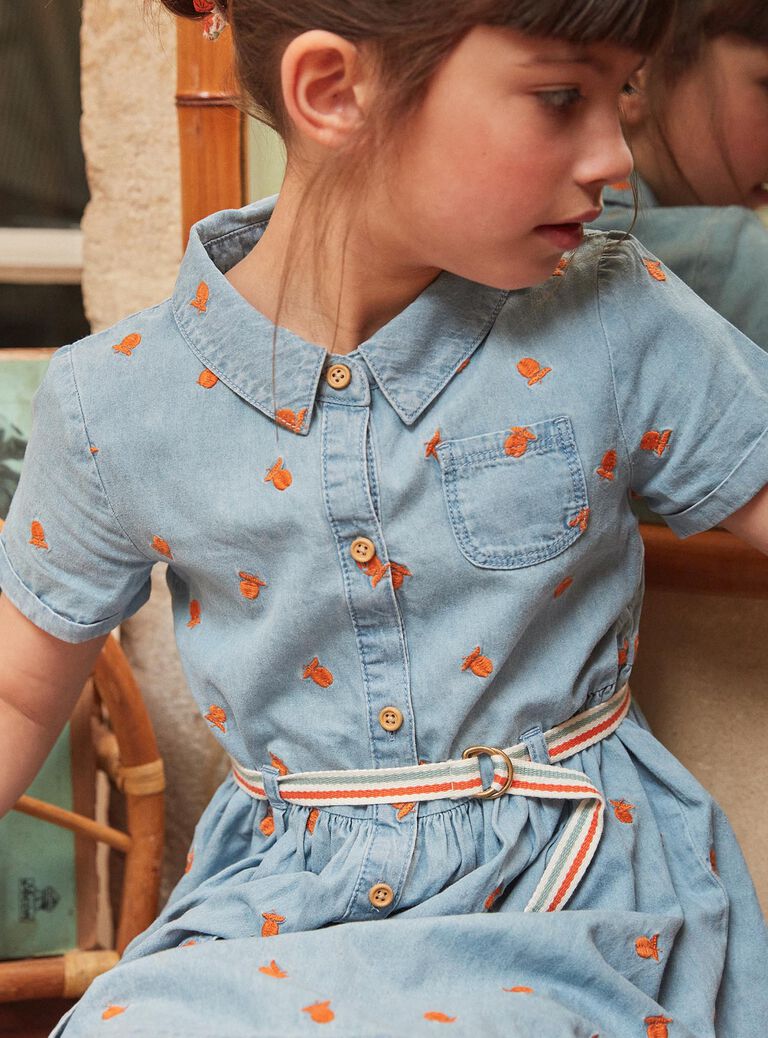 Robe à manches courtes bleu à imprimé pommes