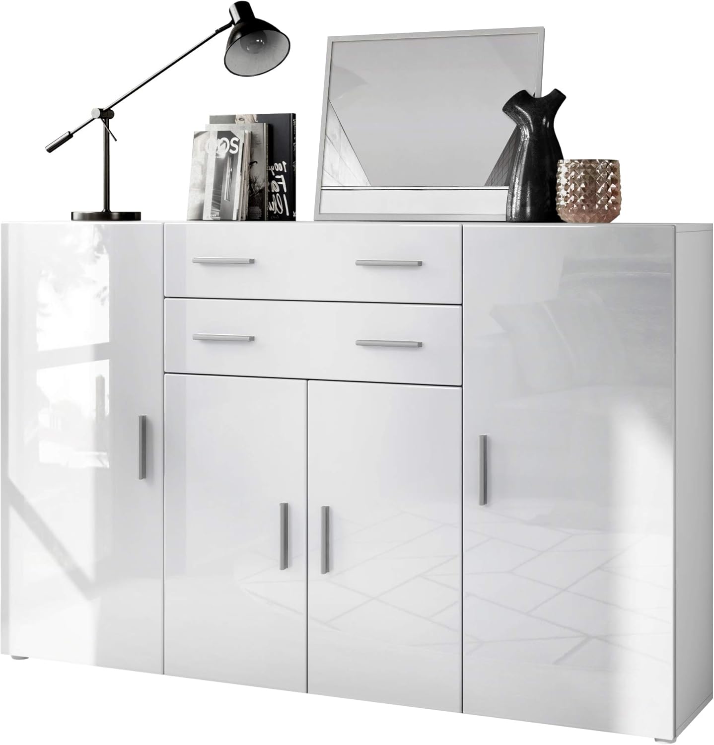 Vladon Highboard Aron Anrichte mit 2 Schubladen und 4 Türen mit insgesamt 8 Fächer dahinter, Weiß matt/Weiß Hochglanz (166,5 x 106,5 x 35 cm)