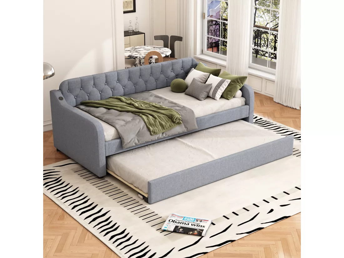 Lit gigogne 90/180x200cm, canapé lit extensible, méridienne avec port USB, sans matelas, gris