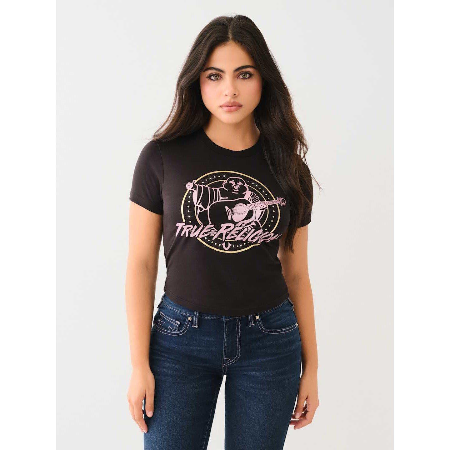 True Religion TR Crystal Retro Buddha Logo Baby T Shirt Womens