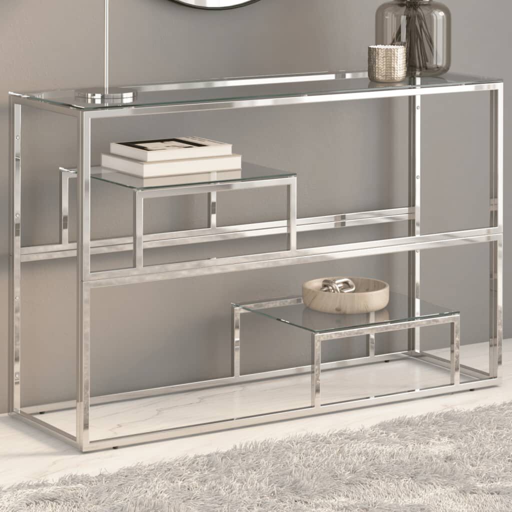 vidaXL Consoletafel Zilverkleurig Roestvrij Staal en Gehard Glas