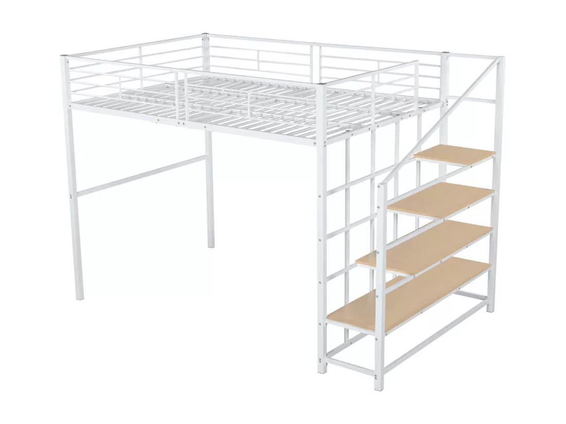 Lit mezzanine 140x200cm en métal - avec étagères et échelle de sécurité - Blanc (matelas non inclus)