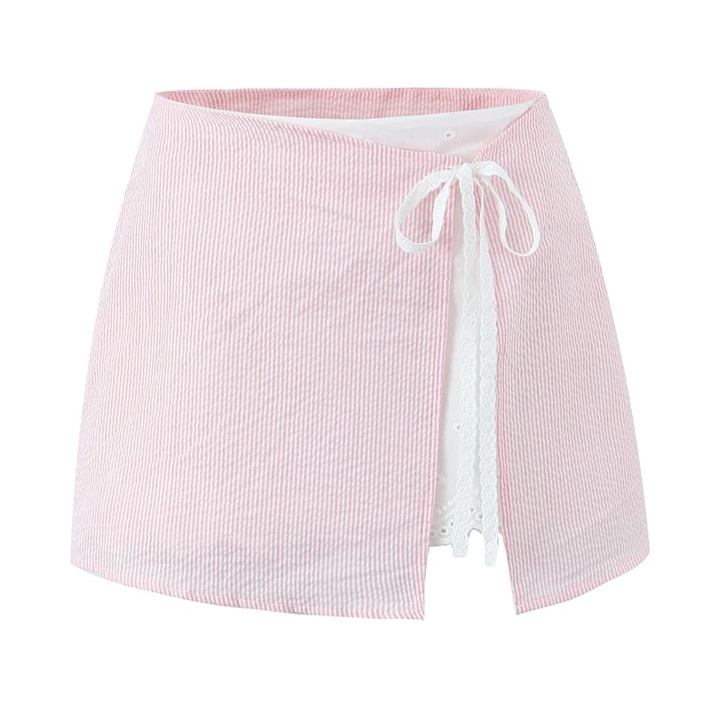Ulark - Gestreepte cami-top met strik en kant / Mini-A-lijn rok met hoge taille en split