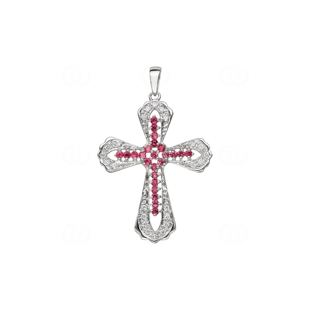 Kreuzanhänger 750/18 K Weissgold mit Rubinen & Diamanten 0.15 ct H/si