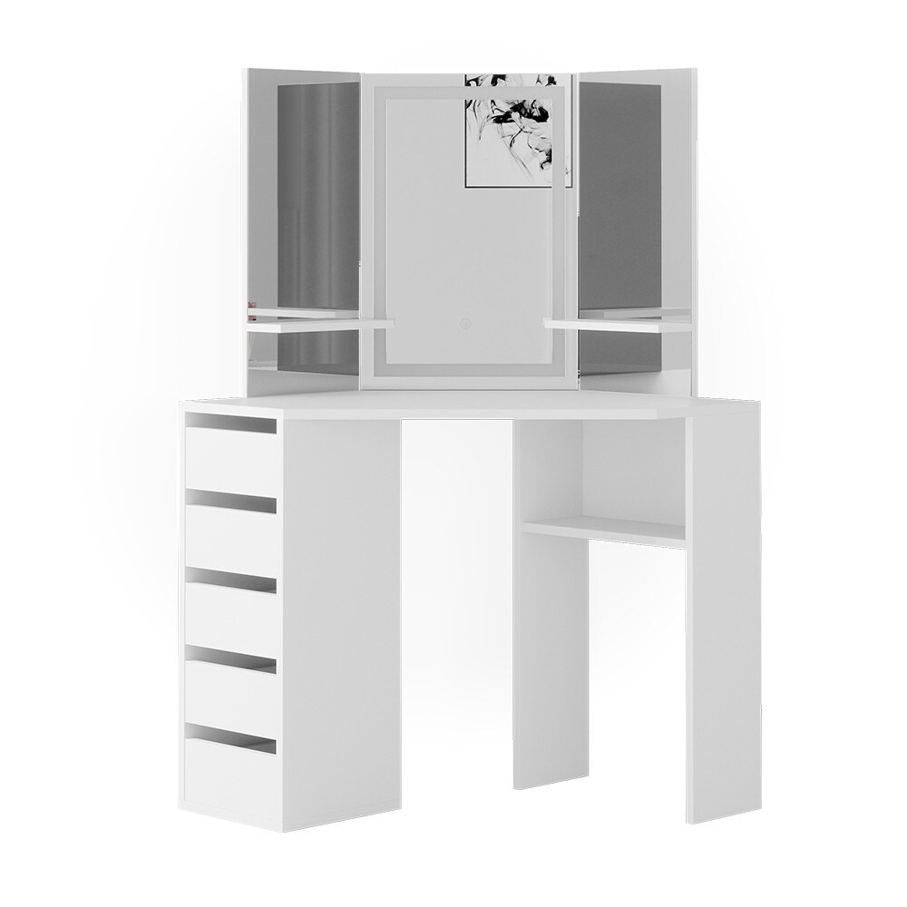 Vicco Eckschminktisch Frisiertisch Schminkkommode Arielle Weiß LED-Spiegel 111x142 cm modern Schlafzimmer Kommode Schublade Ablage Aufbewahrung Kosmetiktisch Schminkkonsole Make-Up-Tisch