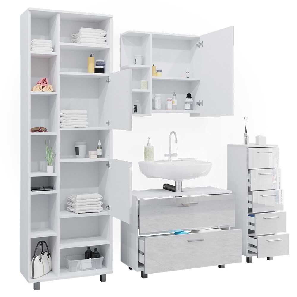 Vicco Badmöbel-Set Ilias Weiß Hochglanz modern Waschtischunterschrank Spiegelschrank Midischrank Hochschrank