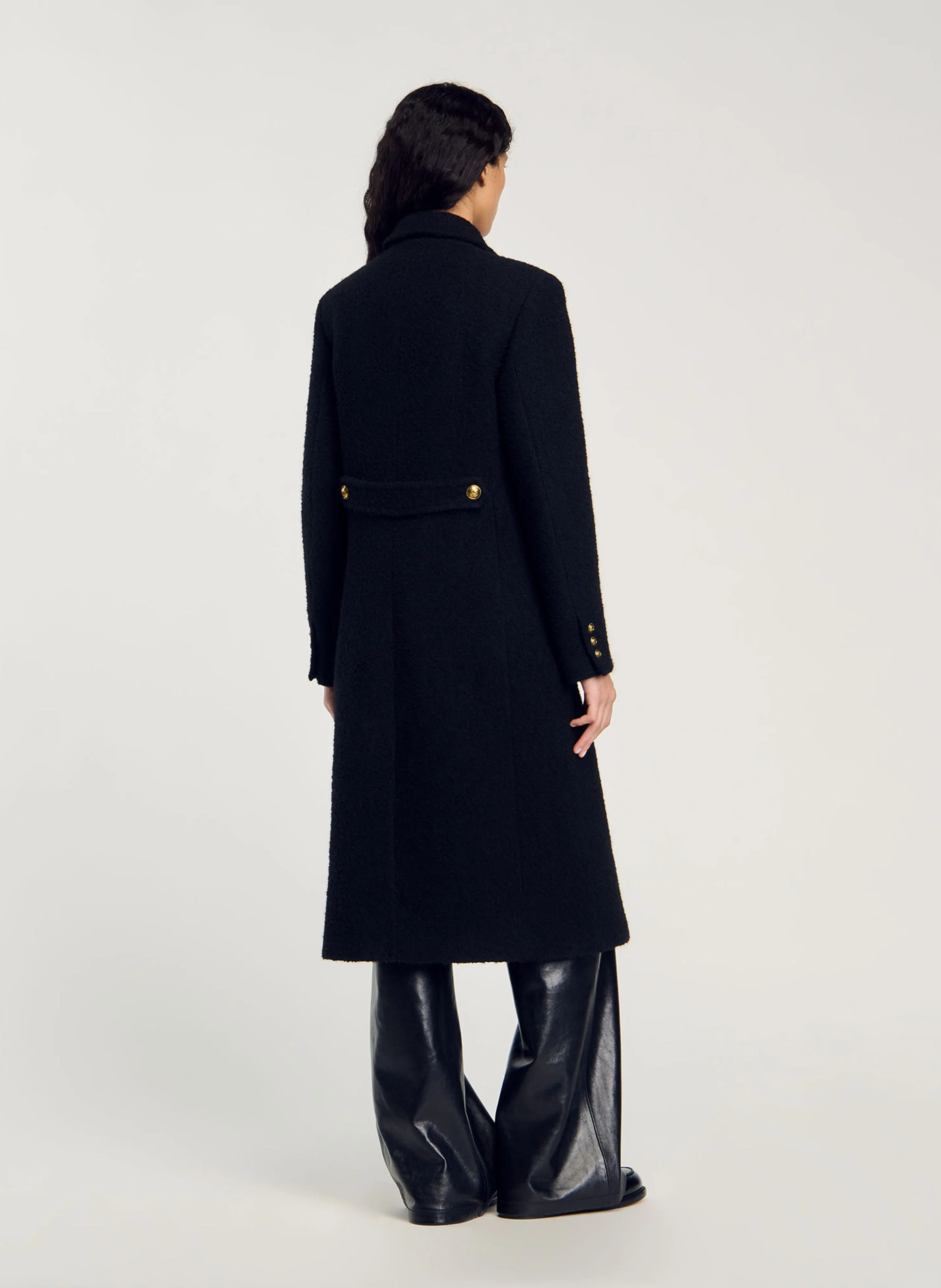 Manteau col tailleur droit en coton et laine mélangé | Noir