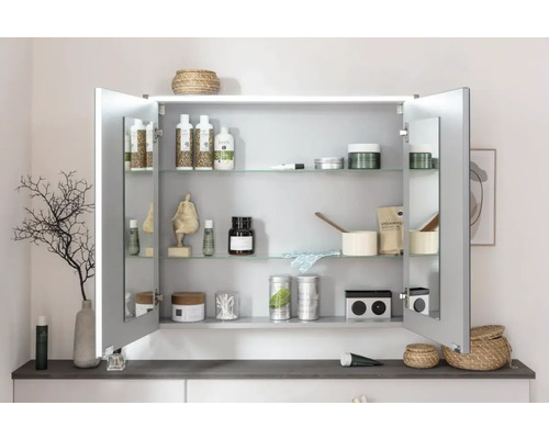 FACKELMANN Verona spiegelkast, 80 x 16 x 68,3 cm, walnoot, 2-deurs, LED, IP20