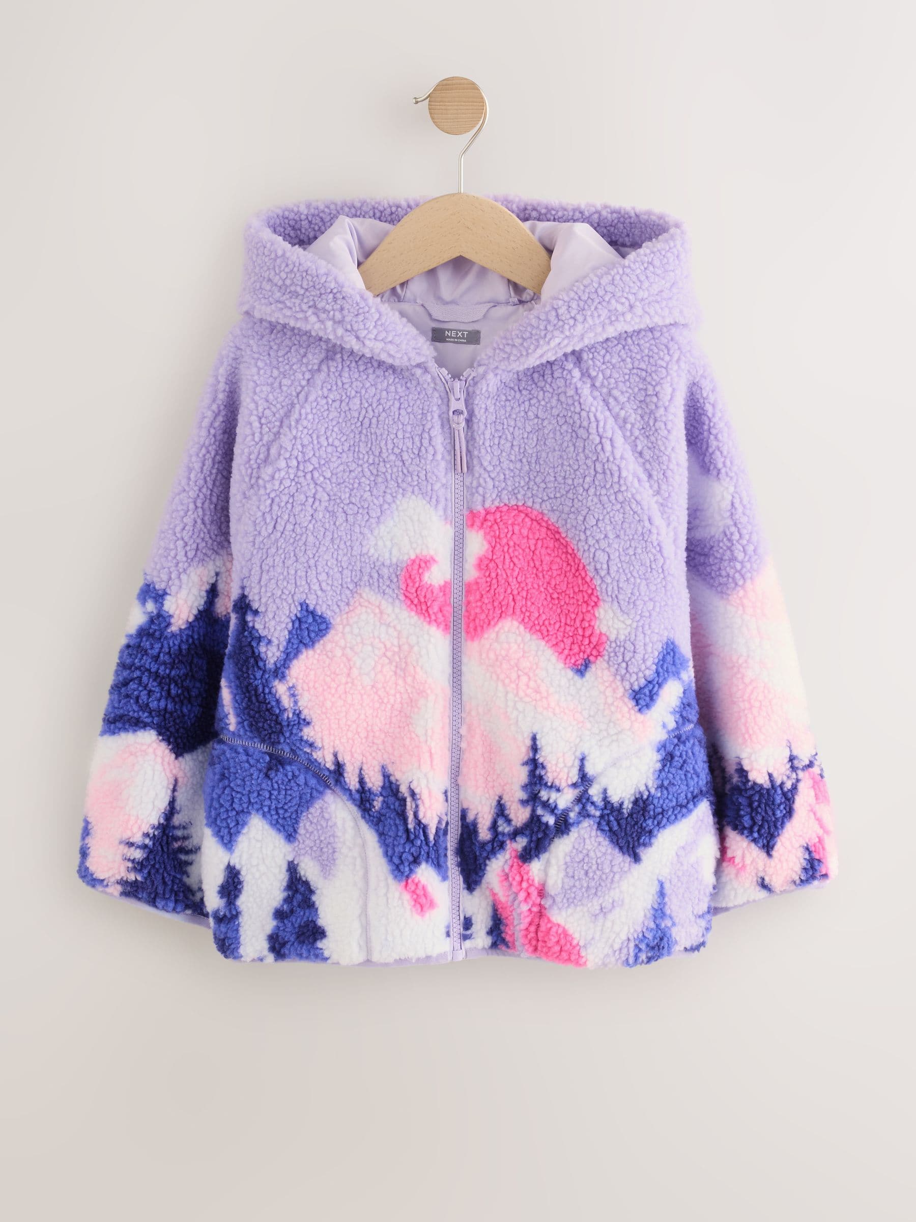 Purple/Pink Mountain Scene - Fleecejack met rits en capuchon van borg (3-16jr)