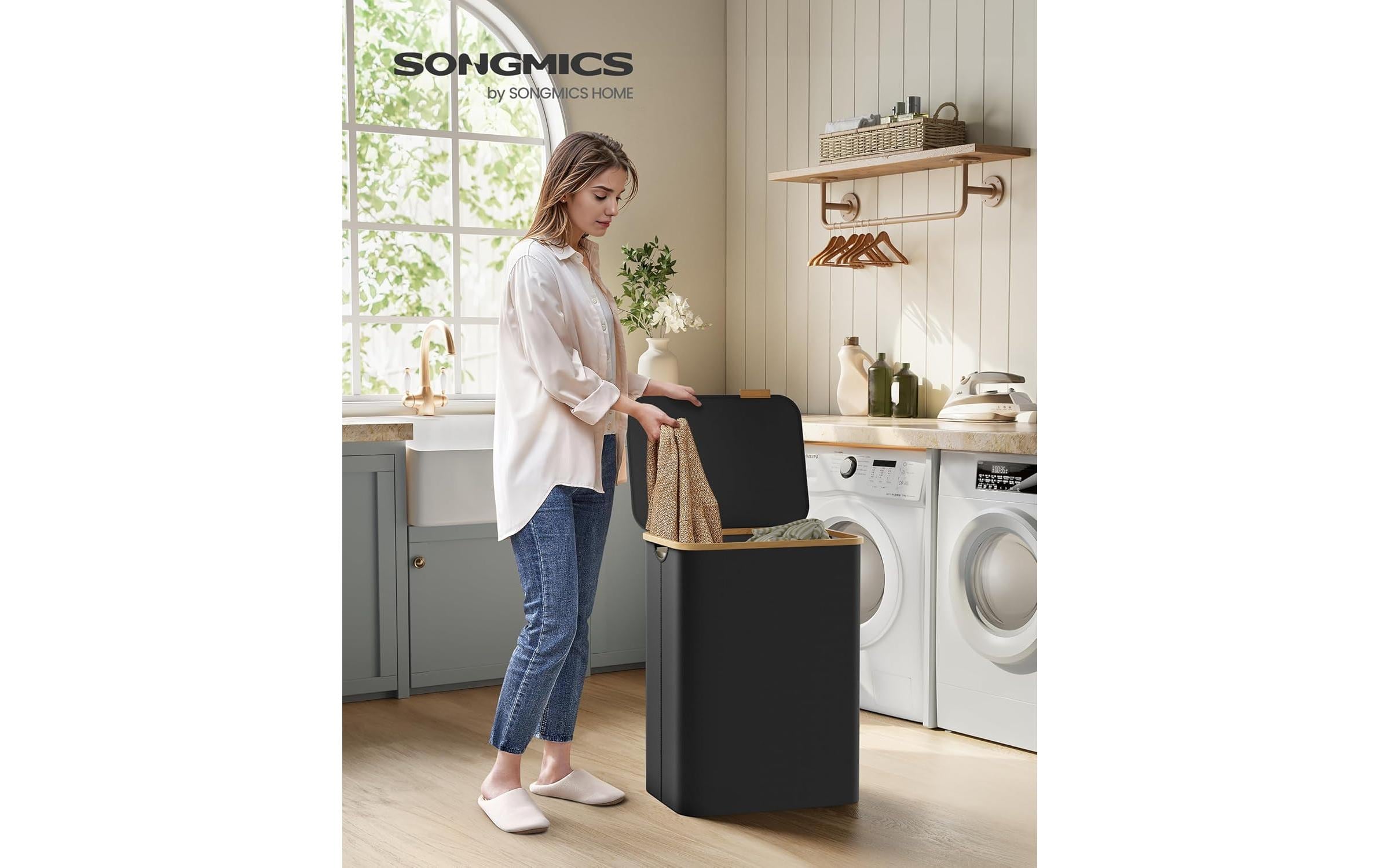 Wäschekörbe 65 l, SchwarzWäschesammler mit zwei Fächern