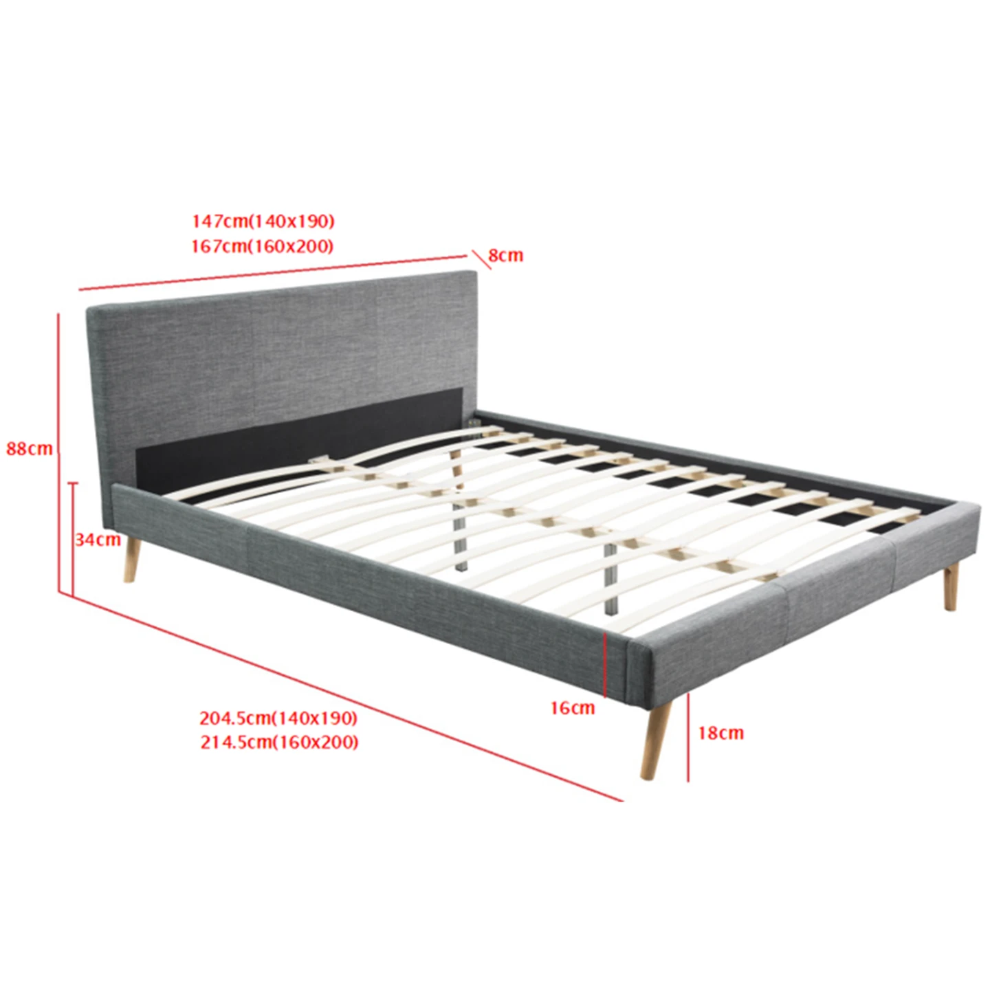 Lit double scandinave OSLO avec tête de lit et sommier 140 x 190 cm tissu gris anthracite