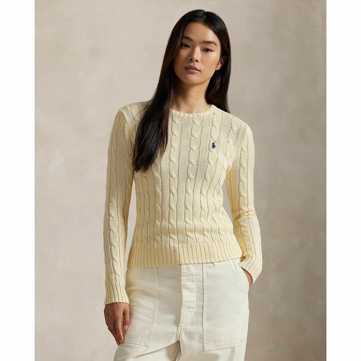 POLO RALPH LAUREN<br>Suéter de malha trançada de algodão com gola redonda