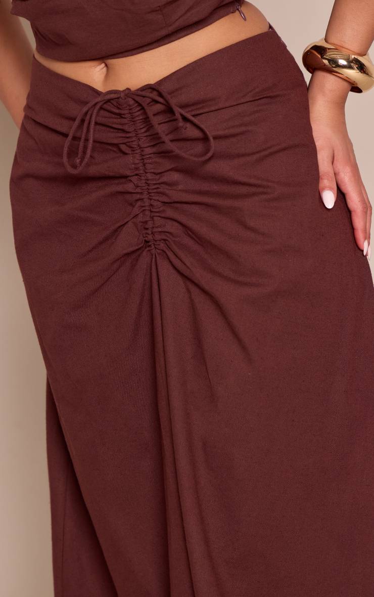 Chocolat Jupe Midi Co-ord Aspect Lin Taille Froncée Sculptante