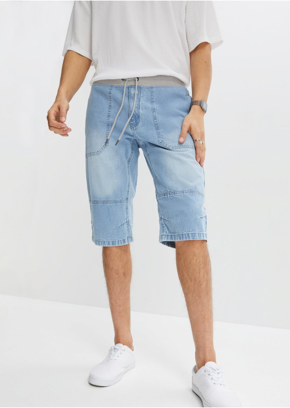 Bermuda long en jean taille extensible, Loose Fit