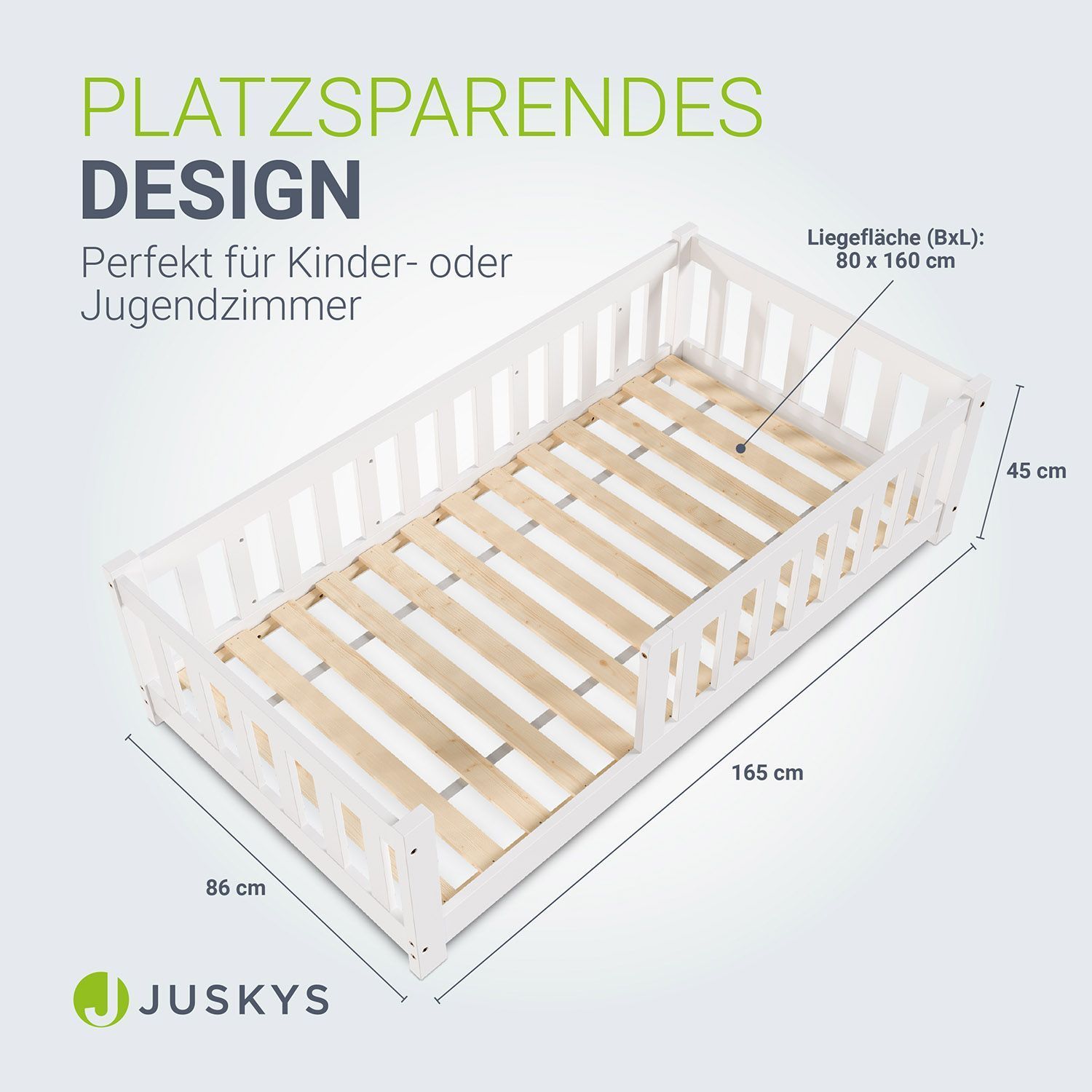 Juskys Kinderbett Naya 80x160 cm - Bett mit Matratze, Rausfallschutz & Lattenrost - Bodenbett Weiß