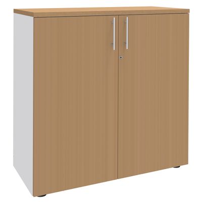 Armoire mi-haute IDRA/DUAL - L80 x H102 x P47 - 2 portes - 2 tablettes métal DS - Corps blanc - Portes et dessus Hêtre