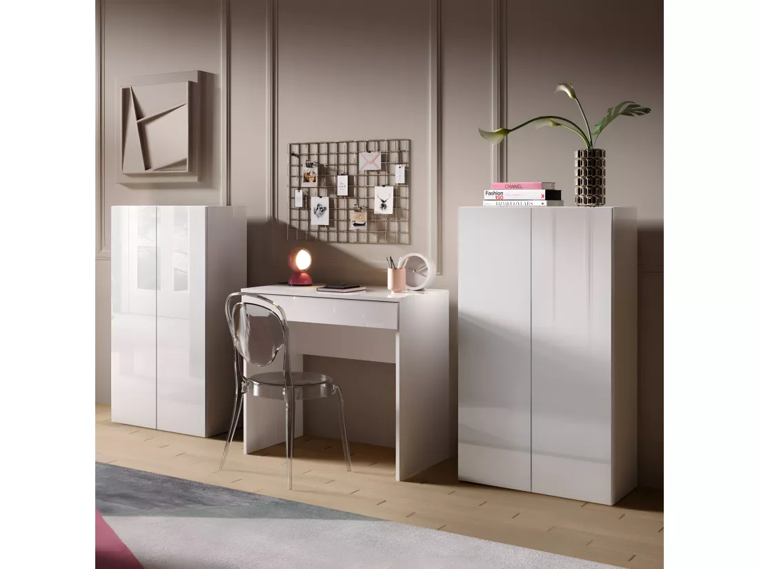 Armoire de bureau 2 portes 2 étagères laqué Blanc brillant - TORINO