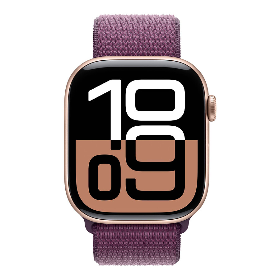Apple Watch Series 10 GPS + Cellular - Aluminium Rose Or - Bracelet Sport Textile Prune - 46 mm
