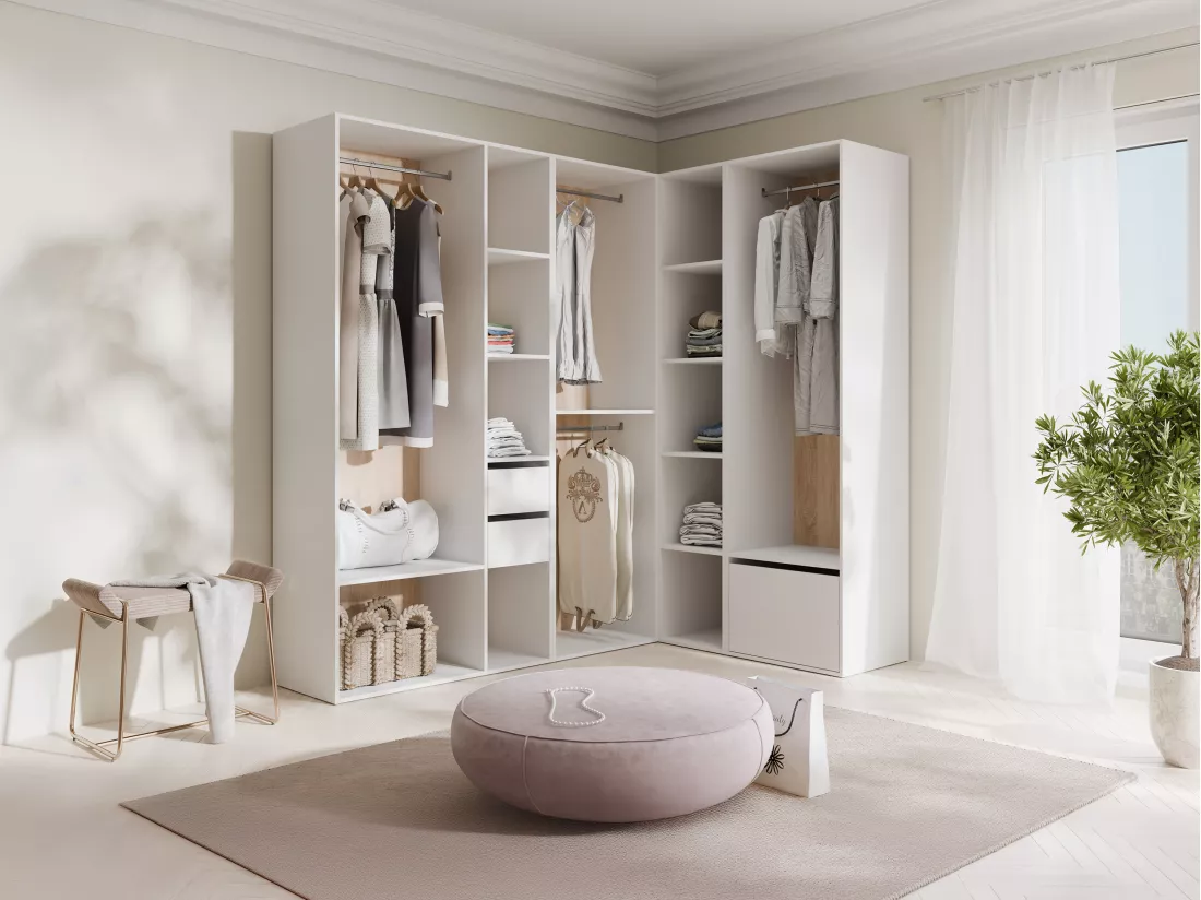 Dressing d'angle modulable - L242,5 cm - Blanc et naturel - TAMOKA