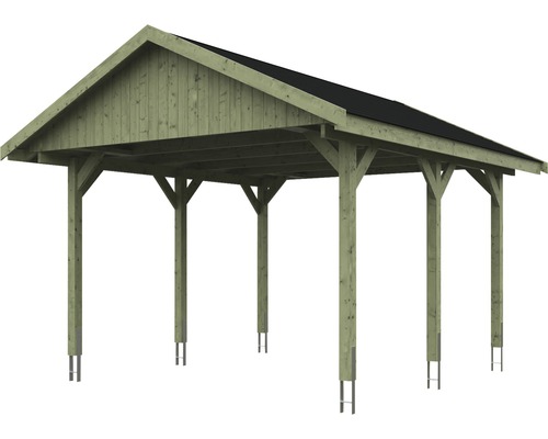 Enkele carport SKAN HOLZ Wallgau inclusief zwarte shingles en H-paalankers 430 x 500 cm geïmpregneerd