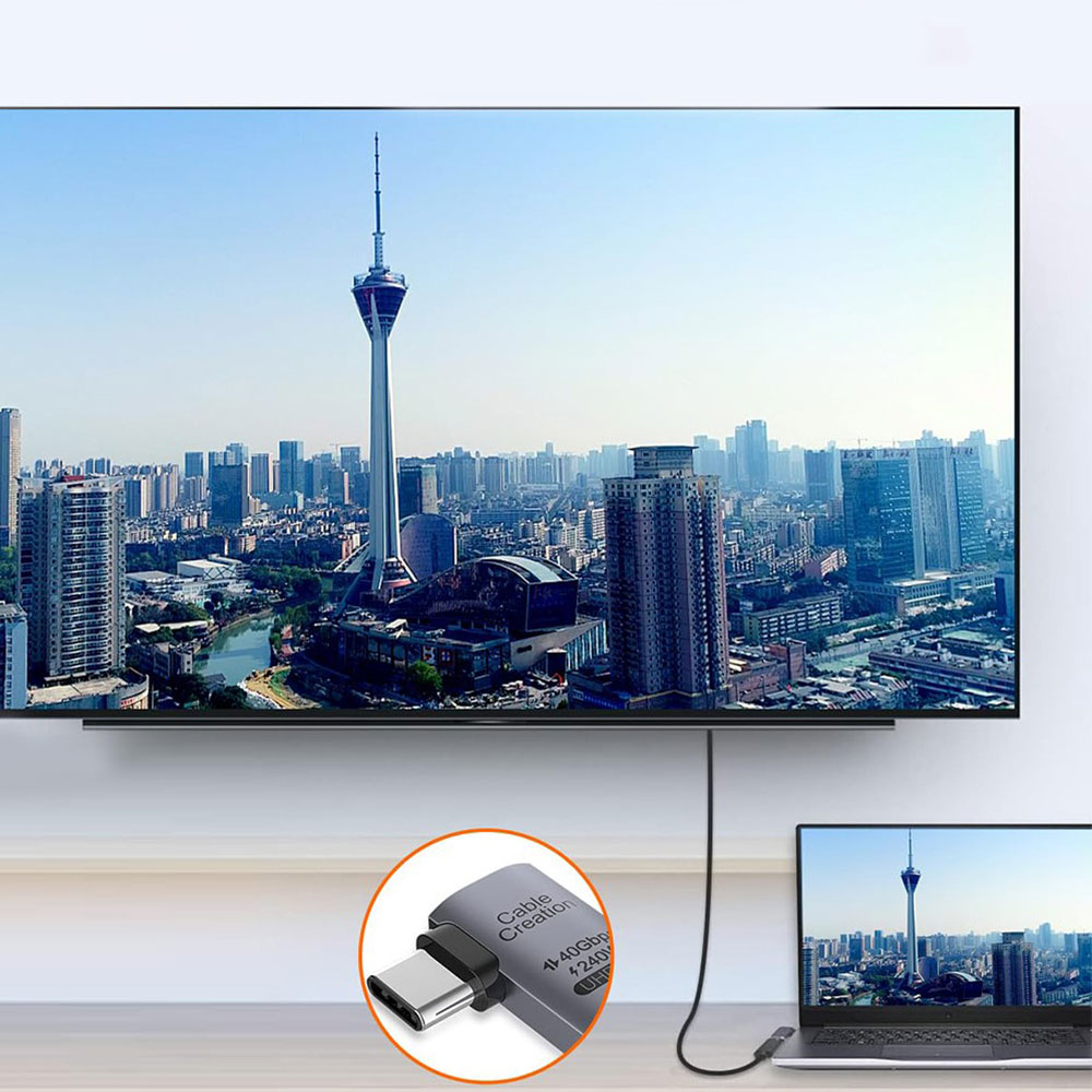 (240W) USB C (m) auf USB C (w) Daten und Schnelllade-Elbow-Adapter Stecker 90 Grad-Winkel Links 40 Gbit/s (8K@60Hz) - Grau