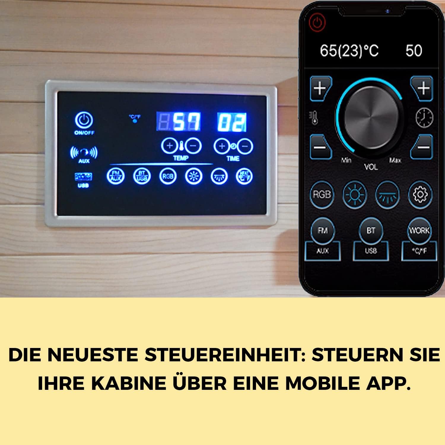 Elbe Infrarotkabine HYGGE für 3-5 Person aus Hemlockholz, 150x150x200 cm，8 Vollspektrumstrahler, 1 Carbonstrahler, Saunakabine mit Farblichtherapie, Ionisator und Audio System