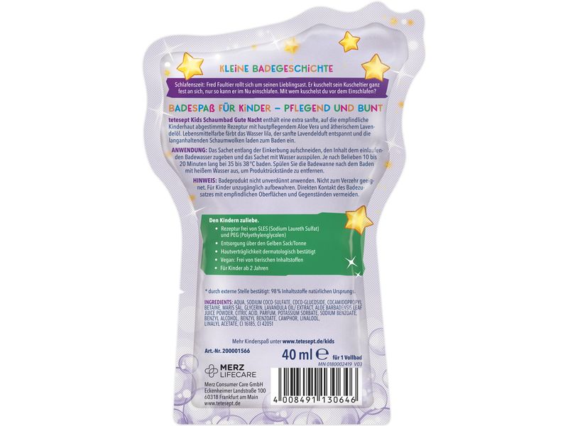 tetesept Kinder Schaumbad Gute Nacht 40 ml Wohltuender Badeschaum sorgt für angenehme Nachtruhe