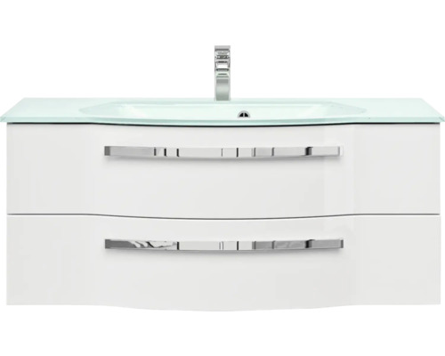 3-delige badkamermeubelset Pelipal xpressline 4005 BxHxD 120 x 200 x 49,1 cm, hoogglans witte fronten, met witte glazen wastafel en glazen wastafelmeubel, wastafelkast, spiegelkast met LED-verlichting, verchroomde grepen, 992.1200211 9921200211