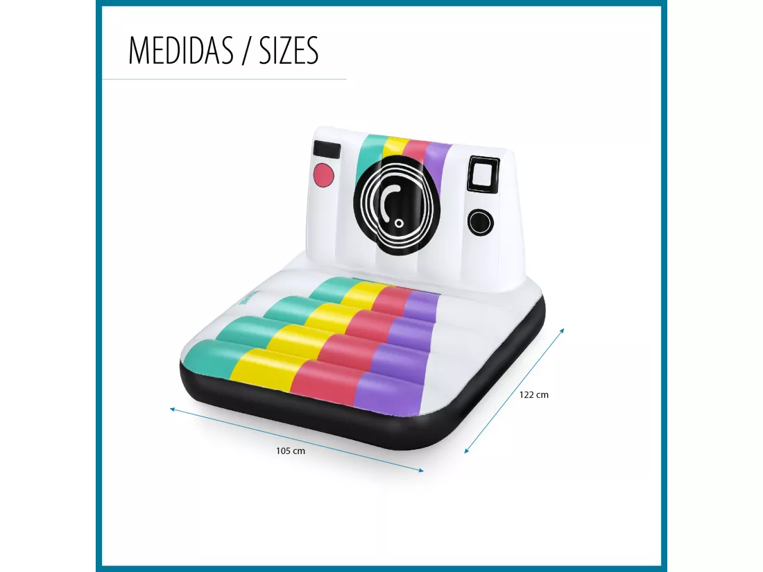 Matelas Gonflable pour Plage ou Piscine Bestway Pose n´float 127x102 cm avec Design Multicolore en Forme d'Appareil Photo