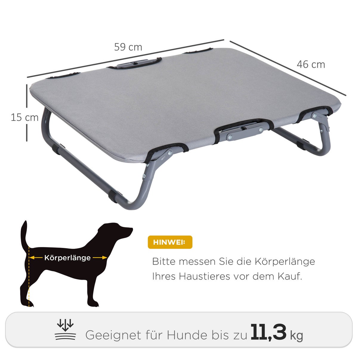PawHut hondenbed, 59L x 46B x 15H cm, stalen buis, 600D Oxford, grijs