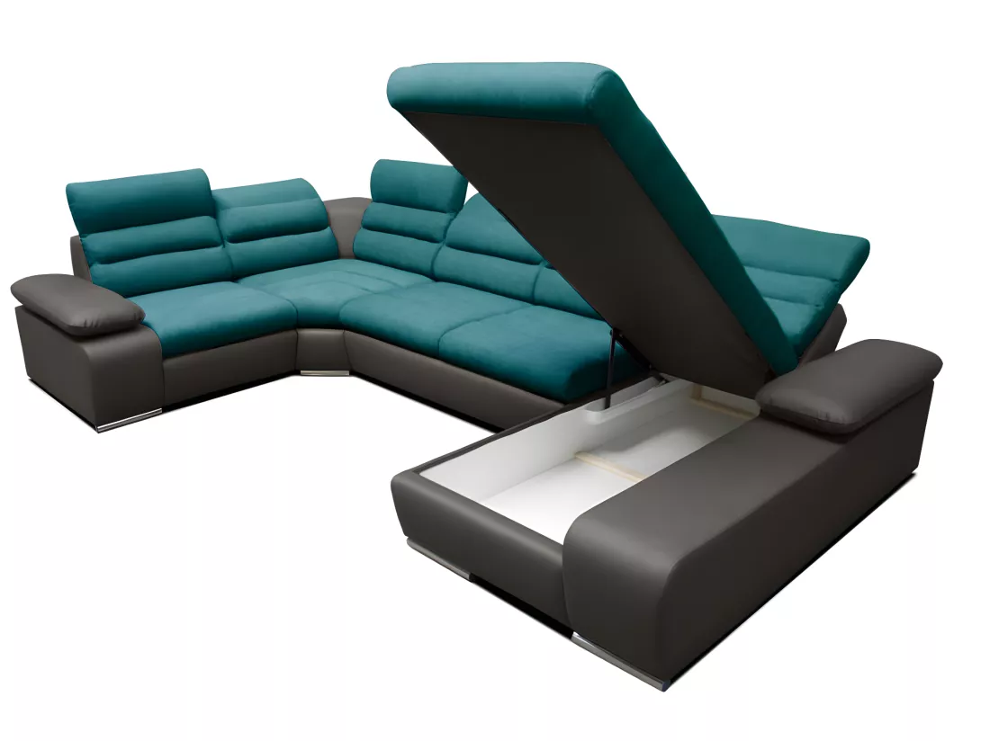 Canapé d'angle panoramique convertible en tissu et simili BOILEAU - Bicolore turquoise/anthracite - Angle droit