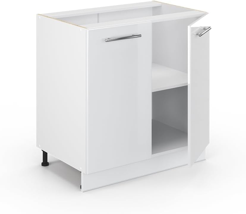 Vicco Spülenunterschrank Fame-Line, Weiß Hochglanz/Weiß, 80 cm mit Regal, ohne Arbeitsplatte