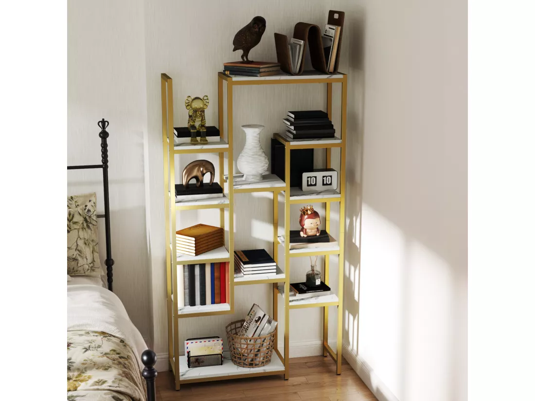 YITAHOME Bibliothèque à 6 Niveaux, Étagère Moderne avec 12 Pièce, Rangement Ouvertes pour maison, Or et Blanc