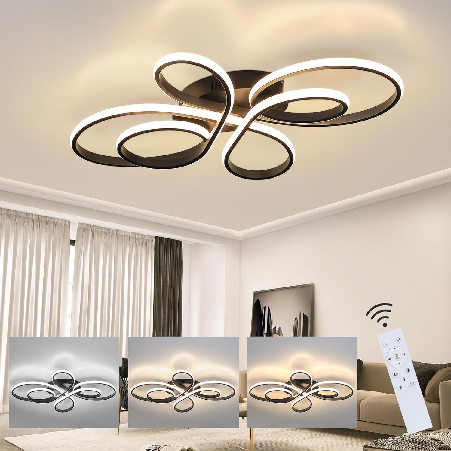 ZMH LED Deckenleuchte Deckenlampe Wohnzimmer - 100cm Wohnzimmerlampe Schwarz Groß Dimmbar Modern Design 90W Schlafzimmerlampe mit Fernbedienung Deckenbeleuchtung für Schlafzimmer Esszimmer Büro Küche