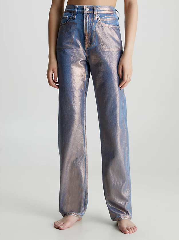 Calça jeans reta metálica de cintura alta
