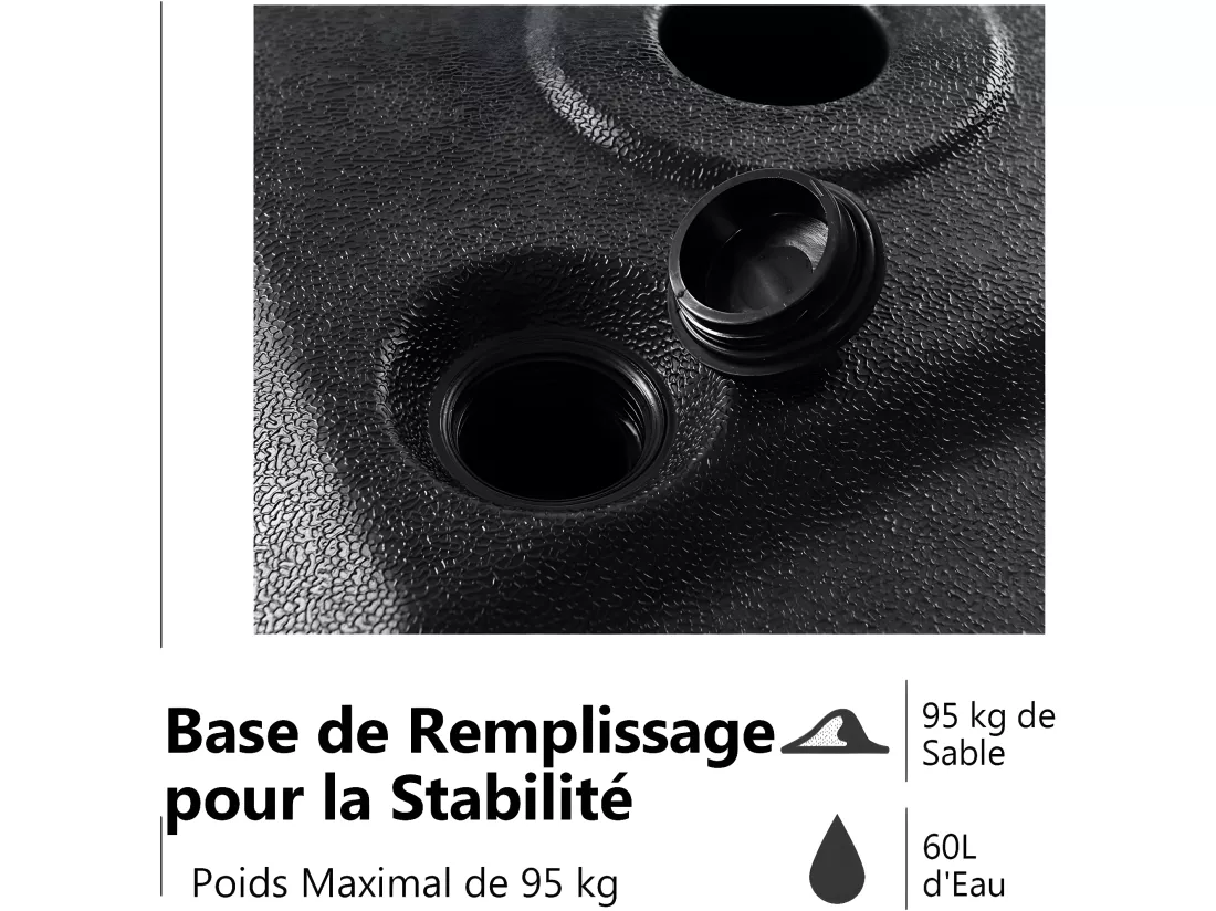 Pied de Parasol en HDPE, avec Roues et Croix du Bas, Remplir de Sable 95KG ou d'Eau 60L, pour Parasol Φ7cm, 81x61x15cm, Noir