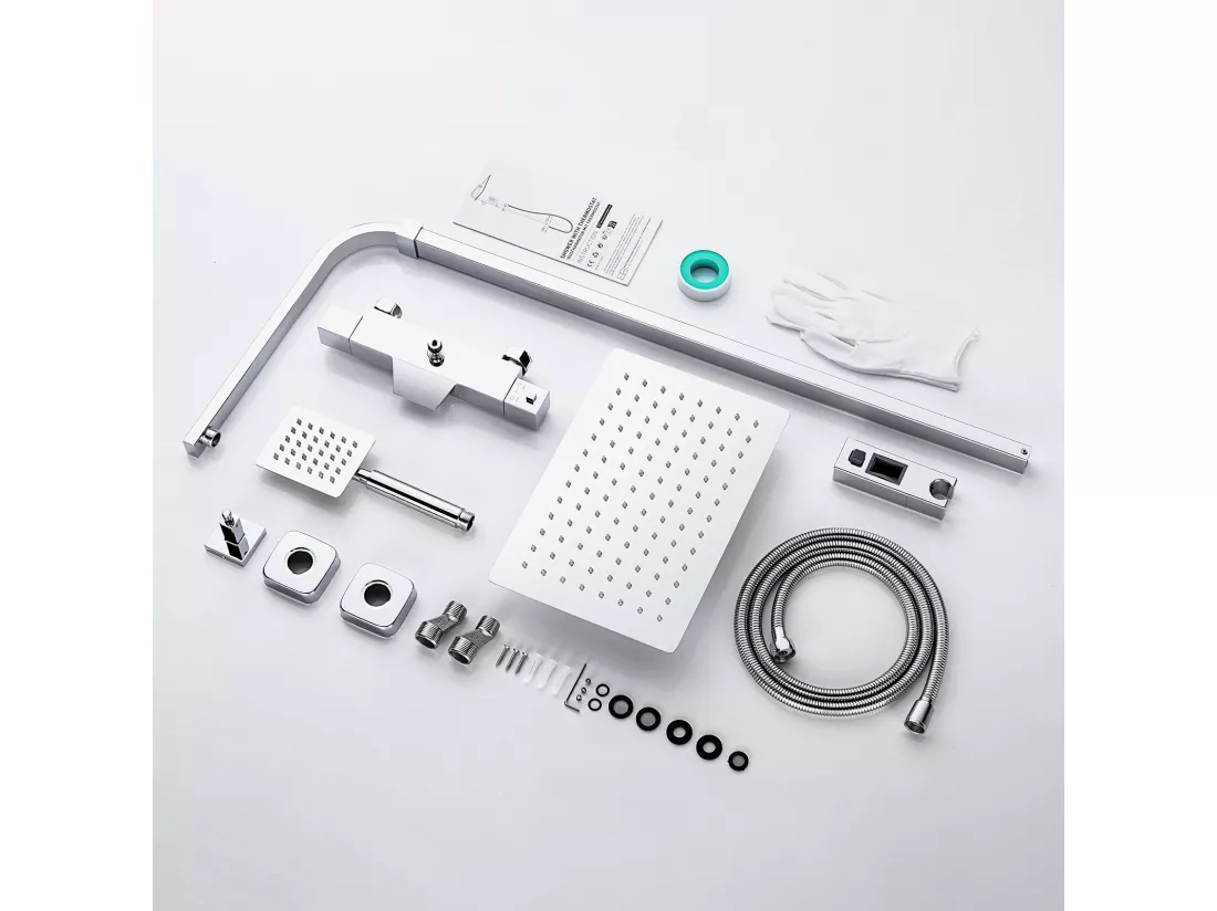 Colonne de Douche Thermostatique Chromée,3 Fonctions Kit de Douche avec 30 * 20cm Douche de Tête,Pommeau de Douche,Mitigeur de Douche Cascade