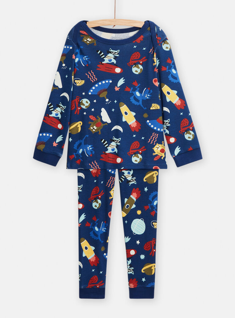 Pyjama bleu en côtes phosphorescent imprimé spacial