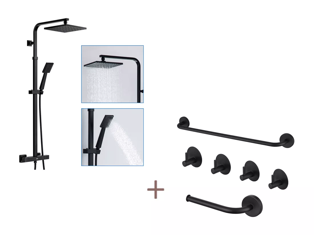 Auralummax Colonne Douche Thermostatique Noir,Réglable Hauteur,avec mitigeur+Ensemble Salle Bain Accessoire 6 Pièces,Auto-adhésif/percer,Inox,Noir