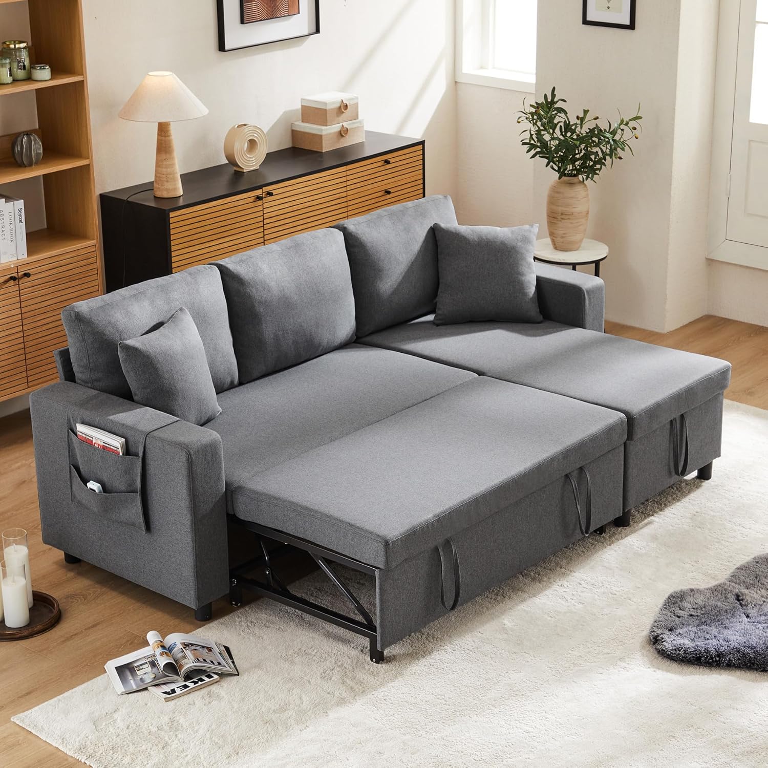 Merax Ecksofa mit Schlaffunktion, Praktisches Schlafsofa mit Bettkasten, L-Form Schlafcouch mit Stauraum und Seitentaschen, Moderne 3-Sitzer-Couch für Wohnzimmer und Schlafzimmer, Dunkelgrau