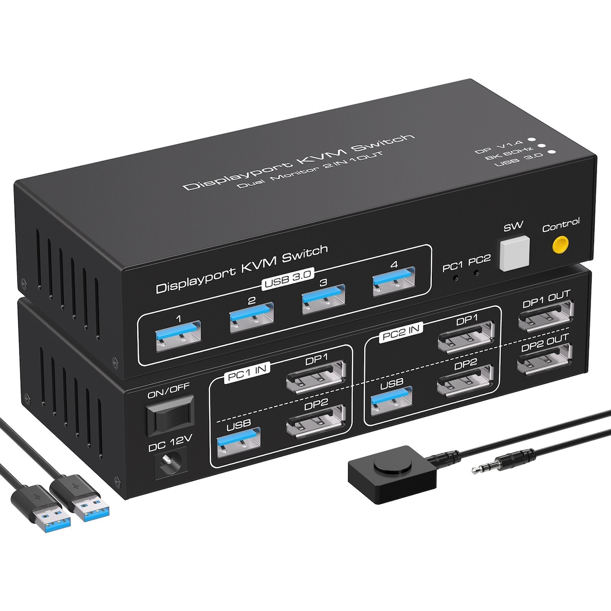 NÖRDIC KVM-svitsj 2 til 2 DisplayPort til DisplayPort, 8K60Hz/4K120Hz, 4x USB-A