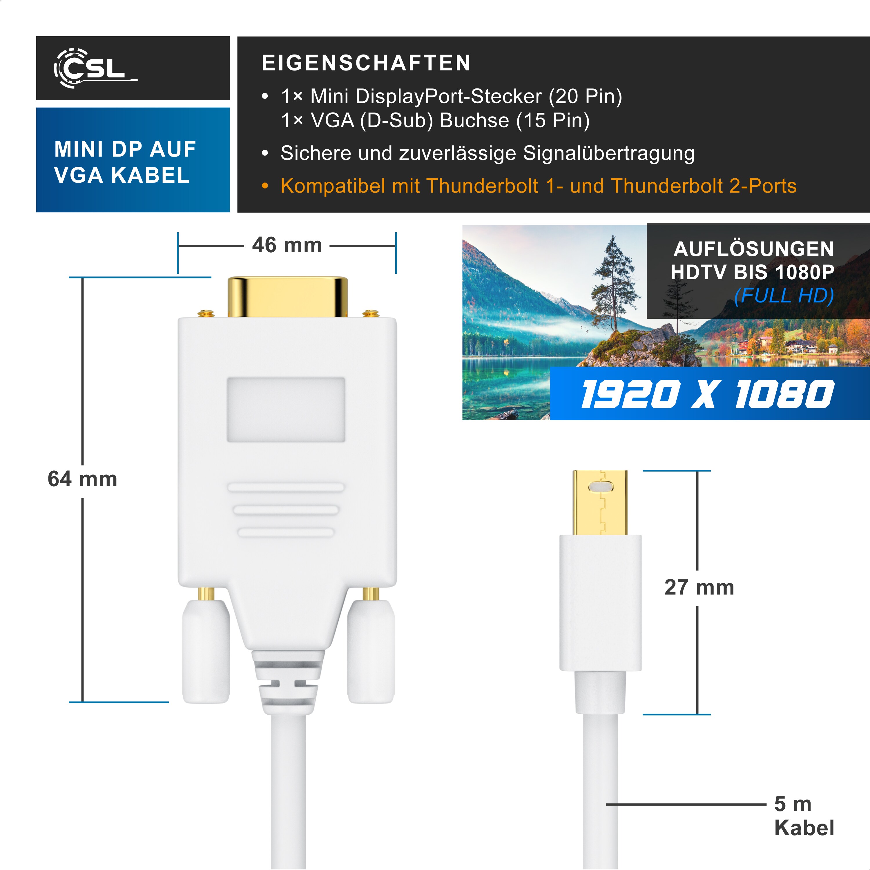 CSL Mini Displayport zu VGA Audio- & Video Kabel, miniDP Monitor Adapter / Thunderbolt 1 & 2 kompatibel - 3m