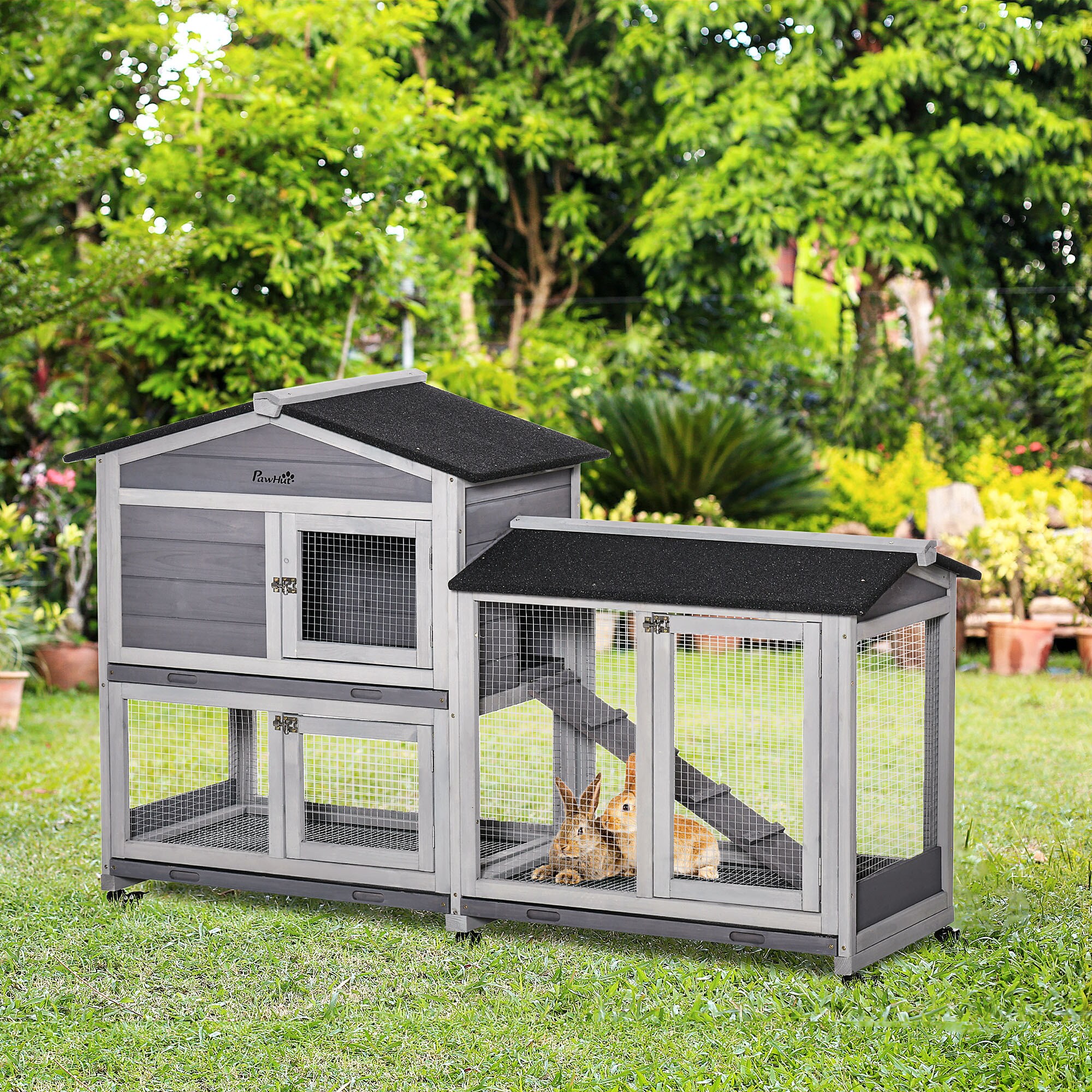 PawHut Kleintierstall mit 6 Rädern grau 157,4L x 53B x 99,5H cm