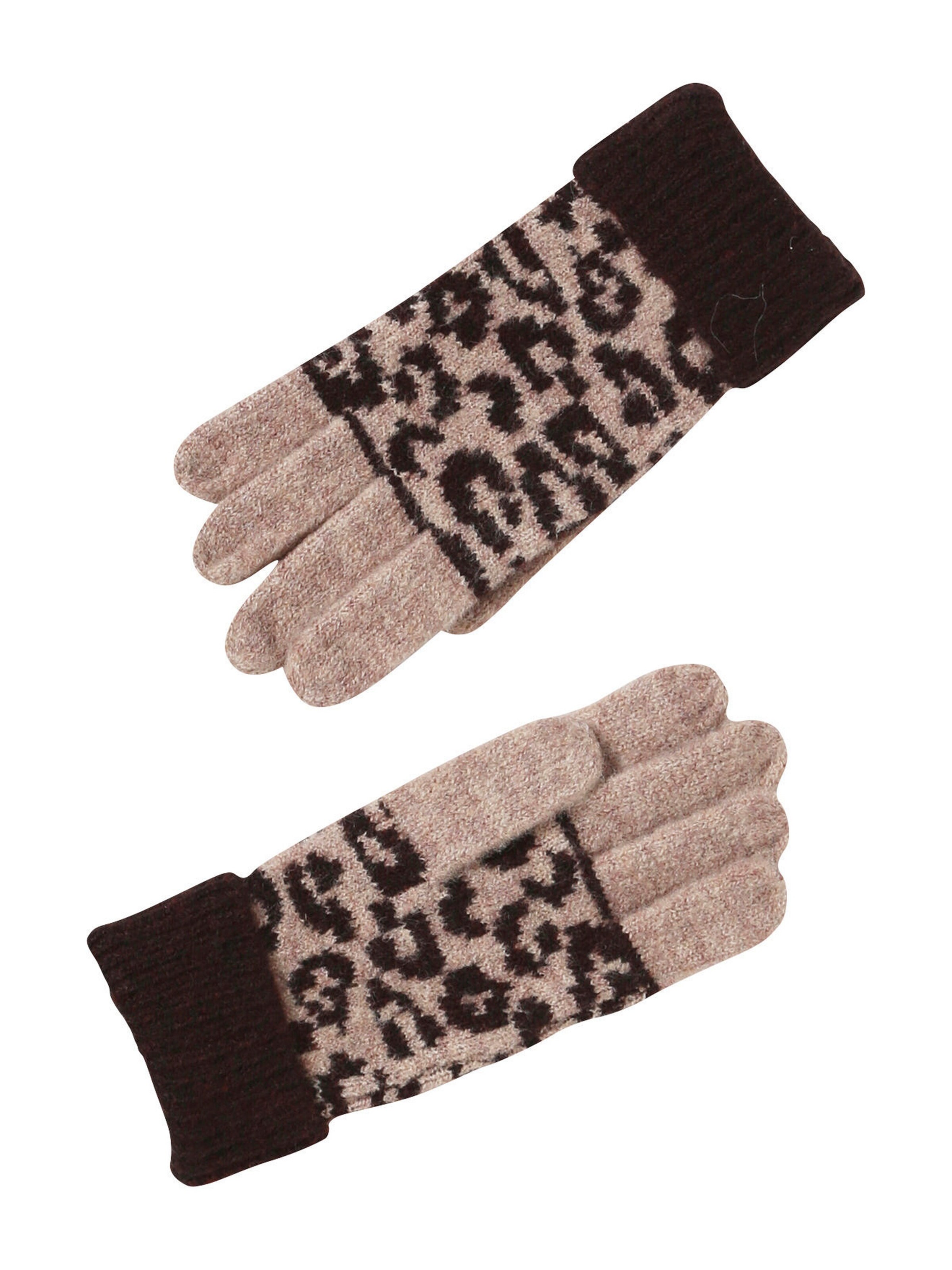 Vertbaudet Mädchen-Set mit Leomuster: Mütze, Rundschal & Handschuhe braun bedruckt